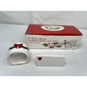 Ceramic‎ NAPKIN RINGS &  PLACE CARDS •4• RED BOWS ON WHITE NIB CHRISTMAS  JAPAN